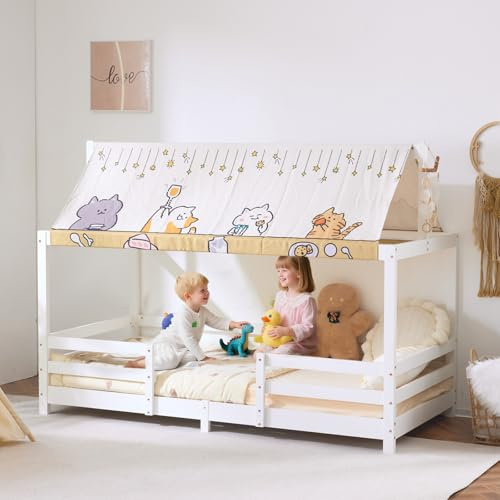 LEADZM Kinderbett Bodenbett 90x200 cm, Kinder Bett Mit Stoffhimmel | Kinderbetten inkl. Lattenrost, Bodenbett Kinder bis 200 kg (Weiß)