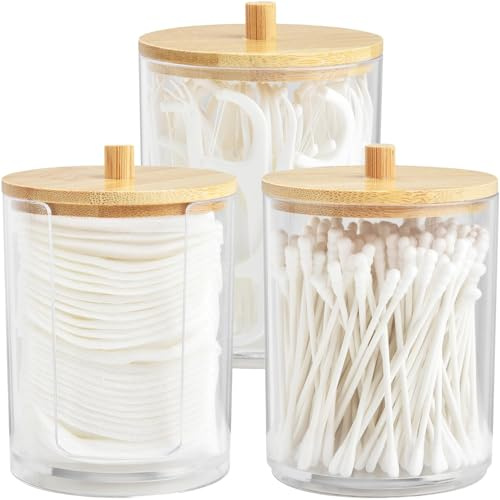 Wattepadspender Wattestäbchen Behälter, Wattepads Aufbewahrung mit Bambus Deckeln, Wattestäbchen Spender, Ohrstäbchen Behälter, Organizer Schminktisch für Wohnzimmer, Schlafzimmer, Badezimmer(3PCS)