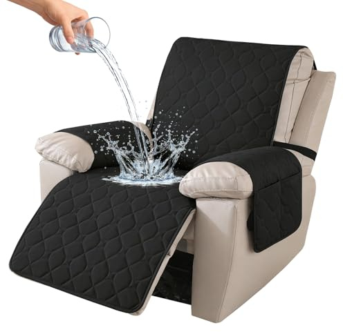 Ystyle Sesselschoner für Fernsehsessel, 100% Wasserdicht 1 Sitzer Sesselschoner mit Taschen Armlehne, rutschfest Sesselauflage Relaxsessel Anti-Rutsch WaschmaschinenfestSchwarz