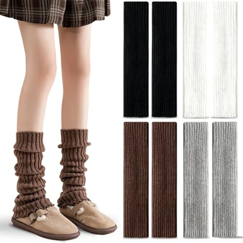 Calentadores de Piernas Para Mujer 4 Piezas, Calentadores de Punto Largos, Calcetines Largos de Punto Acanalado Retro, Cálidos Piernas de Punto, Para Niñas y Mujeres (Negro, Blanco, Gris, Marrón)