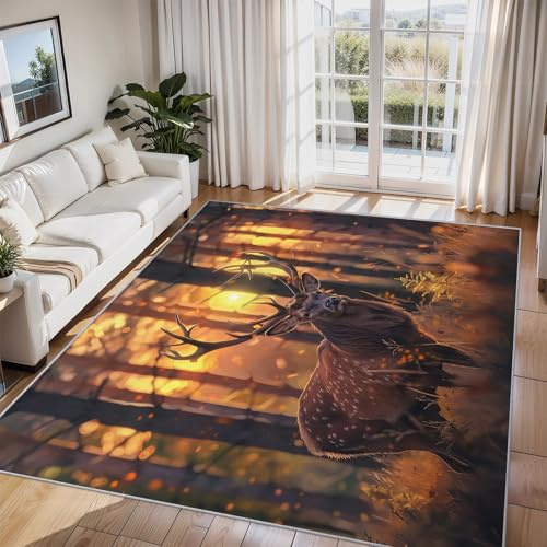 Generisch Fußmatte Sikahirsch 50 x 80 cm, Teppich Elch Sonnenuntergang Wald Weicher Waschbarer Antirutsch Kurzflor Carpet für Eingangsbereich Bettvorleger P-&25