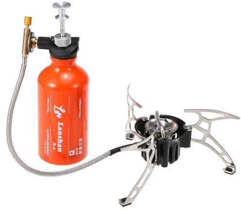 Tidevib Outdoor Camping Multi-Fuel Oil Stove with 500ml Aluminum Alloy Fuel Bottle and Pump, Foldable Brackets and Serrated Arms for Diesel and Liquid Gas