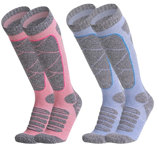 AMOturuxient 2 Pairs Ski Socks Womens 4–7, Ladies Thermal Ski Socks For Women UK, Welly Knee High Socks for Cold Weather Outdoors Snow, Skiing,Cycling, Hiking (pink+blue)