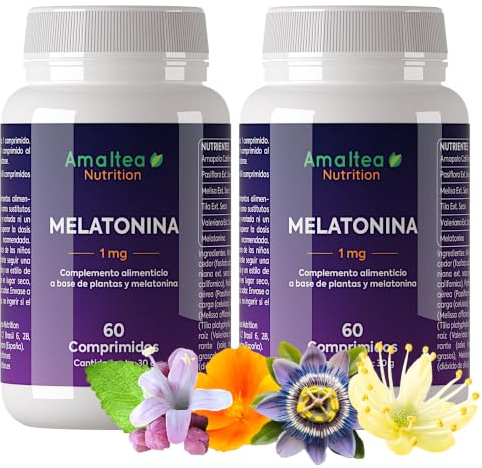 PACK de 2 - Melatonina 1mg con Pasiflora, Amapola Californiana, Melisa, Tila y Valeriana - 120 Comprimidos: 4 Meses de Suministro - Melatonina para Dormir Mejor y Descansar Más - Amaltea Nutrition