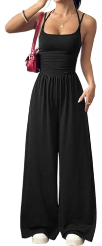 Cozyan Combinaison Femme Été Sans Manches Casual Jumpsuit Chic et Élégant Bretelles Combinaison longue femme Col rond à jambes larges et bretelles Coupe Sans manches
