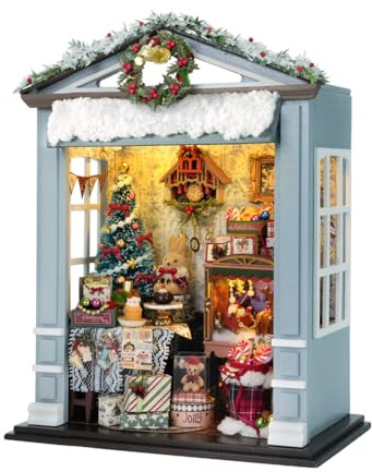 Mini Weihnachten Puppenhaus Möbel, DIY Miniatur Puppenhaus Puzzle Modell Kit mit LED Licht, Maßstab 1:24 Kreative Raumdekoration für Romantisches Geburtstag Xmas Geschenk