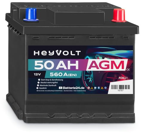 HeyVolt AGM Autobatterie 12V 50Ah, 560A/EN Kaltstartstrom
