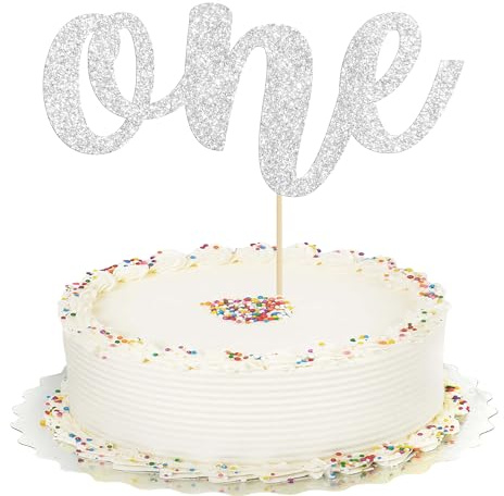 Ephlyn 1Pc One Cake Topper Glitter 1st Birthday Cake Decoration for Boys or Girls First Birthday Baby Shower 1st Birthday Party Supplies Photo Booth Props Silver