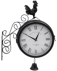 WOLEGM Bahnhofsuhr Doppelseitig, Runde Dekoruhr Wanduhr für Garten, Retro Zweiseitige Wanduhr, Leise Bewegung, Eisen Vintage Wanduhr, Dekorative mit Wandhalterung für Bahnhof, Flur oder Garten