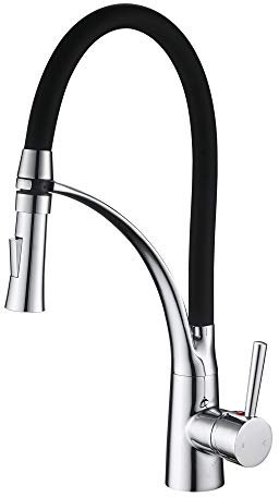 Heable Pull Down Kitchen Sink Mixer Tap with Dual Function Sprayer, Single Lever Swivel Spout Kitchen Taps with Black Silicone Hose, Available Chrome Finish Solid Brass