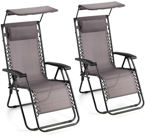 VonHaus Zero Gravity Chairs with Canopy Set of 2 - Grey Reclining Sun Loungers for Garden - Textilene Folding Sunloungers with Adjustable Sun Shade - 2 Set Deck Chairs for Outdoor, Patio & Decking