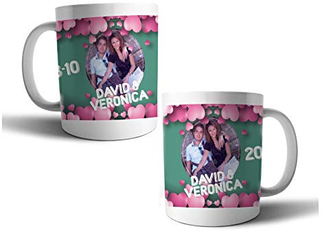 Coppia di Tazze Per Innamorati san valentino Personalizzate con nome e foto Cuori Rosa Mug Prima Colazione Breakfast (Manico Standard)