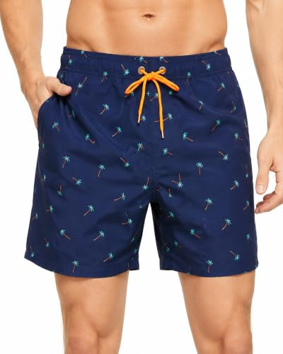 HLVEXH Herr Strandkläder Kokosblad tryckta Hawaiian Mjuk Badbyxor Mörkblå handflatan 2XL