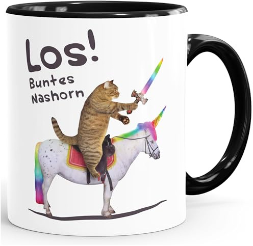 MoonWorks® Kaffee-Tasse Katze Satire Los buntes Einhorn Unicorn Nashorn Pferd Bürotasse lustige Kaffeebecher Schwarz Keramik-Tasse