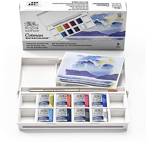 Winsor & Newton 0390672 Cotman Aquarellfarben im Set, Lebendige Aquarellfarben mit ausgezeichneter Transparenz im 8 Farben Set mit Taschenpinsel - Himmelslandschaften, 1 Stück (1er Pack)