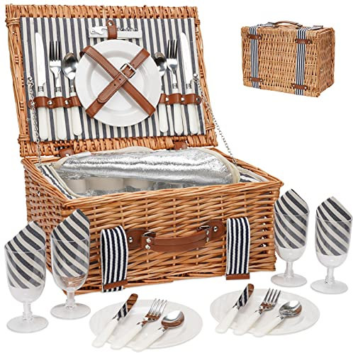 Picknickkorb-Set aus Weidengeflecht für 4 Personen, handgefertigter Picknickkorb aus Weide mit isoliertem Kühler und Besteck-Set, Geschenkkorb für Paare, Valentinstag, Erntedankfest, Geburtstag,