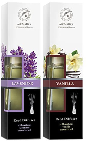 Difusor de Varillas Vainilla 100ml & Ambientador Hogar Lavanda 100ml - Difusores de Aromas - Aromaterapia - Difusor Perfumado - Varitas Aromáticas - Difusor con Palitos de Ratán