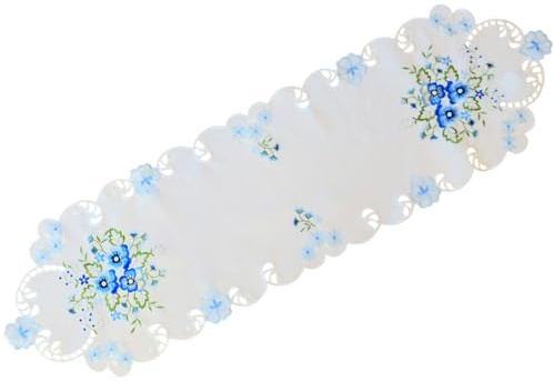 Tischdecke Elke 40 x 140 cm oval edle Stickerei mit blauen Stiefmütterchen & Cutwork aus Polyester