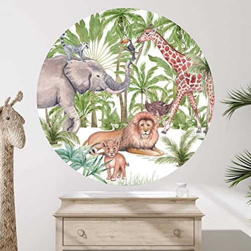 WANDKIND Rundes Wandtattoo Safari Kinderzimmer V348 | handgezeichnet | AUFKLEBER Kindergarten | Wandsticker Dscungel mit Löwe Elefant Giraffe (75 x 75 cm)