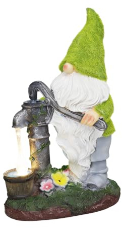 Gardenwize Solar Garden Gnome Statue with Water Pump, Solar Powered Garden Ornament with LED Light, Eco-Friendly Outdoor Garden Decoration