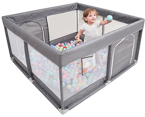 PandaEar Großer Laufstall, Kinderlaufgitter Playpen Kinderzaun, Stabiles Gitter Mit Weichem Atmungsaktivem Netz für Drinnen Draußen, 127cm×127cm (Grau)