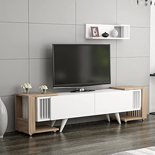 [en.casa] Ensemble Meuble TV avec 2 Tables d'Appoint à roulettes Étagère Murale pour Salon Panneau de Particules Plastique Blanc Effet Chêne