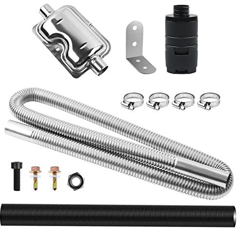 MaxEarn 120CM Edelstahl Abgasschlauch für Standheizung mit Schalldämpfer | 25MM Auto Abgasrohr mit Einlassrohr+Luftfilter+4 Klemmen, Flexibel und Korrosionsbeständig Auspuffrohr für Diesel Fahrzeug