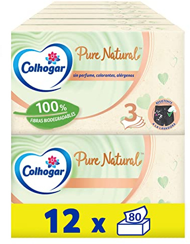 Colhogar Pure Natural 12x80 - Caja de Faciales Suaves Biodegradables - Resistentes a la Lavadora - Hechos con Materiales Reciclados - Caja con 960 Pañuelos Faciales - Color Natural