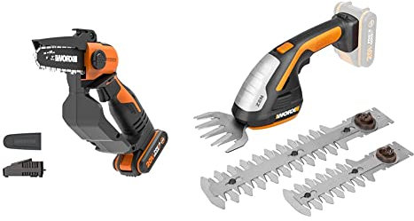 WORX WG324E Akku-Einhand-Astsäge 20V - 12cm Schwertlänge - mit Akku und Ladegerät & WG801E.9 20V Akku-Gras- und Strauchschere WG801E Inklusiv 3 verschiedene Messer, ohne Akku und Ladegerät