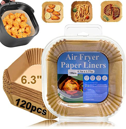 120PCS Air Fryer Liners, 6.3inch Square Air Fryer Disposable Paper Liners, Non-Stick Baking Paper for Air Fryer, Food Grade Parchment for 2-5QT Air Fryer