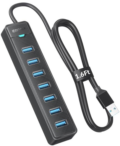 iDsonix Hub USB 3.0 de 7 Puertos, Adaptador Múltiple 5Gbps para Macbook Pro/Air, Surface Pro, Flash Drives, HDD, PS4, PC - 50cm/1.64Ft