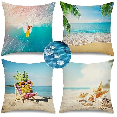 Kissenbezüge 40x40 4er Set Leinen, Zierkissenbezüge Maritim Sofakissenbezug Wasserdicht Pillow Cases Outdoor Kissenhülle Meer Hawaii Shell Blau