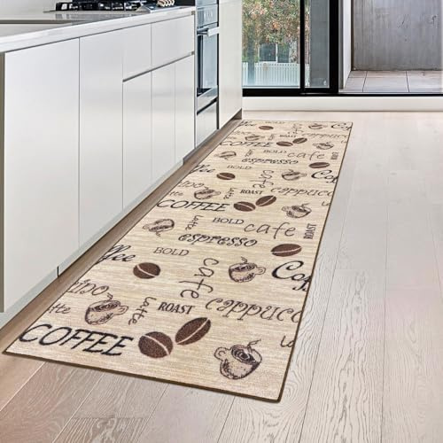 Teppich-Traum Küchenläufer Küchenteppich Coffee Beige Braun 80x300 cm | Pflegeleicht, schmutzabweisend, strapazierfähig, rutschfest und allergikerfreundlich, für Küche, Frühstücksecke und Bar
