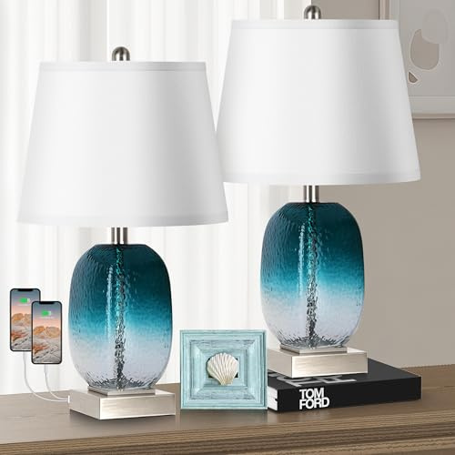 Table Lamp Set of 2 Touch Control, Modern Coastal Teal Glass Bedside & Nightstand Light with 2 USB Ports, 3-Way Dimmable for Living Room, Bedroom (LED Bulbs Included)