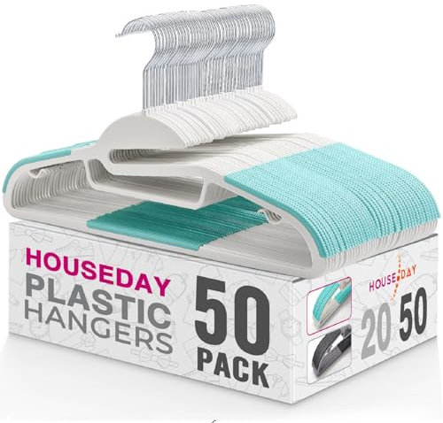 HOUSE DAY 50 Stück Kleiderbügel Kunststoff - Plastik Nass und Trocken Rutschfester Kleiderbügel Platzsparend Kunststoff Strapazierfähig 360°Haken Kleiderbügel（Weiß/mit grün Gummistab）