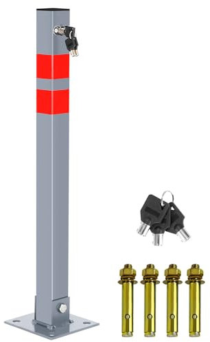 Eulenke Parkpfosten Klappbar, Parkplatzsperre Quadratisch mit 3 Schlüssel und 2 Reflexstreifen Sperrpfosten Robust Stabil Stahl Standfuß Absperrpfosten, Parkplatzsperren 1er Set