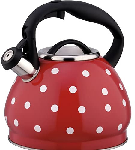 Bouilloire à thé, bouilloire à pois noirs et blancs, jolie théière sifflante pour cuisinière, théière en acier inoxydable avec poignée ergonomique Cool Grip (couleur : rouge, taille : 3 L)