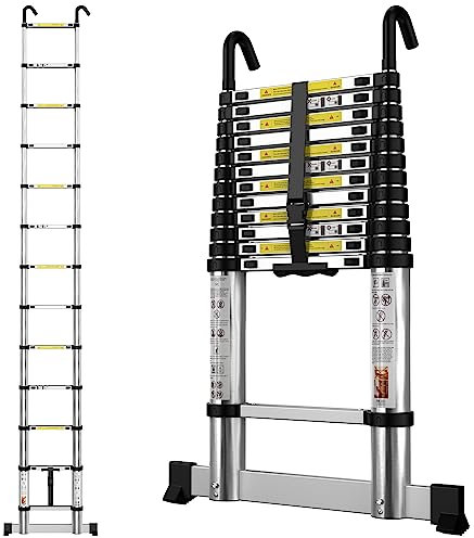 Telescopic Ladder 3.8M/12.5FT Aluminium Extension Loft Ladder with Stabilizer Bar and Detachable Hooks, Multi Purpose Extendable Portable Folding Ladders, 13 Steps, EN131
