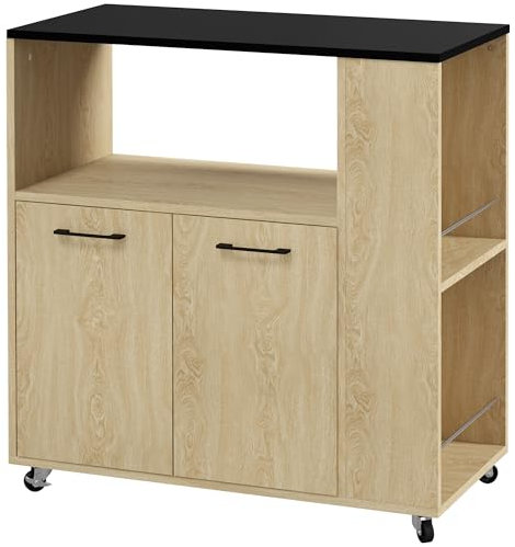 HOMCOM Carrello Cucina con Ripiano Aperto, Armadietto a 2 Ante e Scaffale Laterale a 2 Livelli, Carrello Multiuso con Ripiano Regolabile in Legno, 75x40x80.5 cm, Color Rovere e Nero
