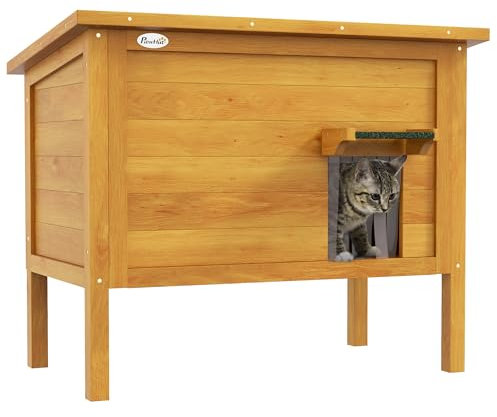 PawHut Casa per Gatti Niche da Esterno in Legno rialzato con Tetto apribile, isolata con Tetto Asfalto, 85 x 50 x 68,5 cm, Naturale e Verde