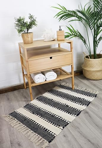 jilda-tex Teppich-Läufer Streifen mit Fransen handgewebt recycelt 60x90 cm Baumwolle ca. 1.800gsm (Streifen anthrazit/weiß)