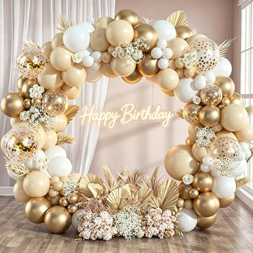 QIFU Luftballons Geburtstag Weiß Gold, 102 Stück Ballon Girlande Weiß Beige | Ballongirlande Geburtstag Weiß Gold Beige Party Ballonbogen für Geburtstagdeko Goldene Hochzeit EID Mubarak Baby Shower