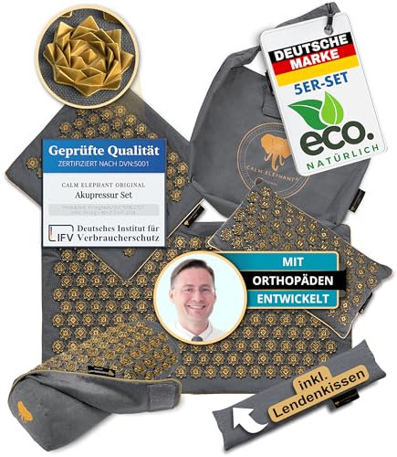 CALM ELEPHANT ORIGINAL® Akupressurmatte mit Kissen XXL Set ULTIMATE 6-teilig, Massagematte Rücken, Verspannungen lösen, Akupunktur Matte, Kissen mit Wärmefunktion, Lenden-& Kniekissen, Fußmatte, grau