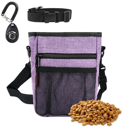 kissleaf Dog Treat Pouches for Pet Training with Magnetic Closure Treat Pouches for Pet Training,Large Dog Treat Training Pouch and Dog Clicker,Training Treat Pouch Built-In Poop Bag Dispenser-Purple.