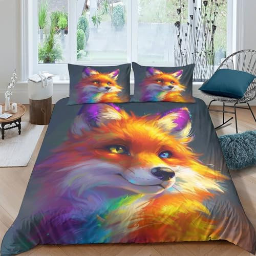 Parure De Lit Housse De Couette 3D Imprimé Renard 3 Pièces, Literie En Microfibre Animaux Animaux de Compagnies Housse De Couette Super Douce Et Respirante Pour Adultes Et Enfants King（220x240cm）
