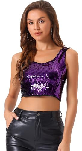 Allegra K Damen Ärmellos Pailletten Top Party Oberteil Club Cami Bauchfrei Tank Top Bluse Dunkelviolett S