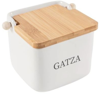 ROCKING GIFTS Salero de Cocina de Ceramica con Tapa de Madera, Gatza en Euskera, Bote para Sal Blanco y Marrón, Accesorios de Cocina, 12 cm