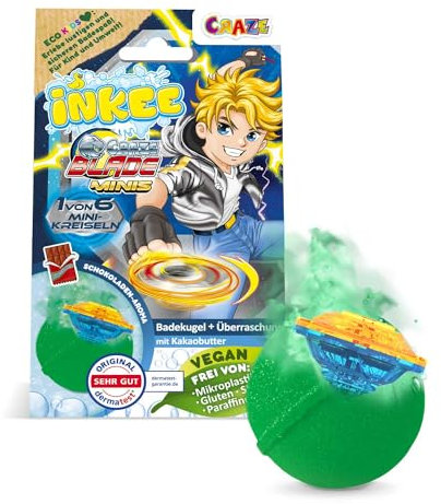 INKEE Surprise Blade Kampfkreisel - Badebombe Kinder mit Überraschung - 1 von 6 BLADE mini Kreisel - Badekugel 100g mit Schokolade-Duft und Kakaobutter, Grün oder Rot