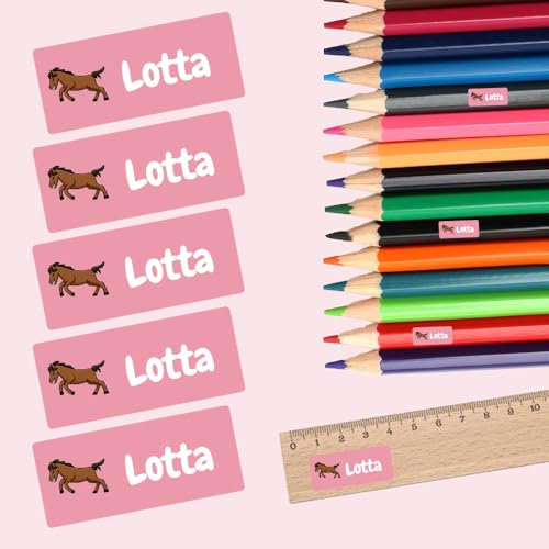 Namensschilder für Lineal, Kugelschreiber & Mehr (81 Aufkleber) – Spülmaschinenfeste Namensetiketten mit Pferd Motiv – Personalisierte Sticker mit Motiv – Waschfest – 30 x 13 mm