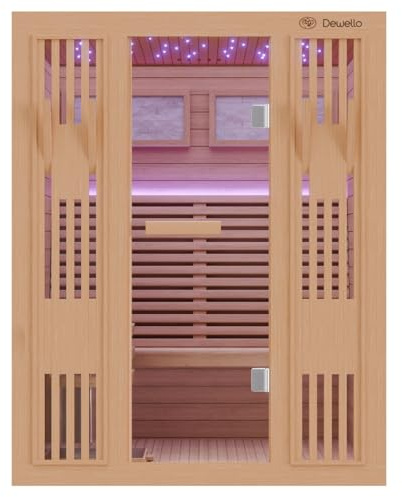 Dewello® Finnische Sauna Minto 150x130 Kabine aus Hemlock Tannenholz mit 4,5KW HARVIA Ofen 2-3 Personen inkl. Sauna Zubehör